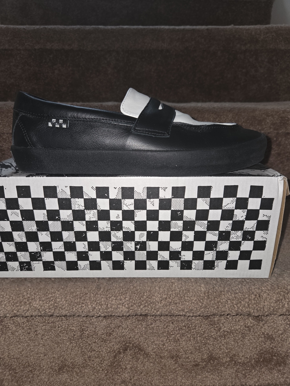 Vans Black and White Leather Slip-On Loafers